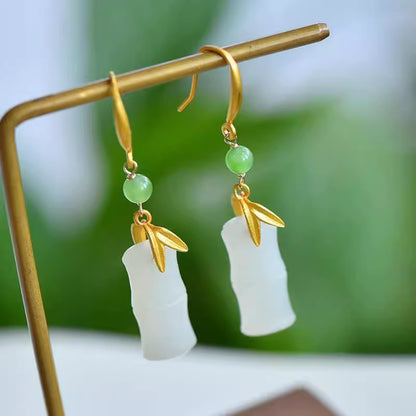 Ohrringe aus Hammelfett-weißer Hetian-Jade mit Bambus-Abschnitten, S925 vergoldetes Silber für Damen