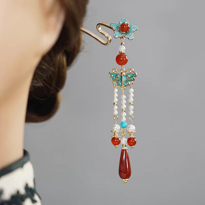 Rote Achat Schmetterling Perle Quaste Haarnadel – Handgemachter Hanfu Haarschmuck mit Gold