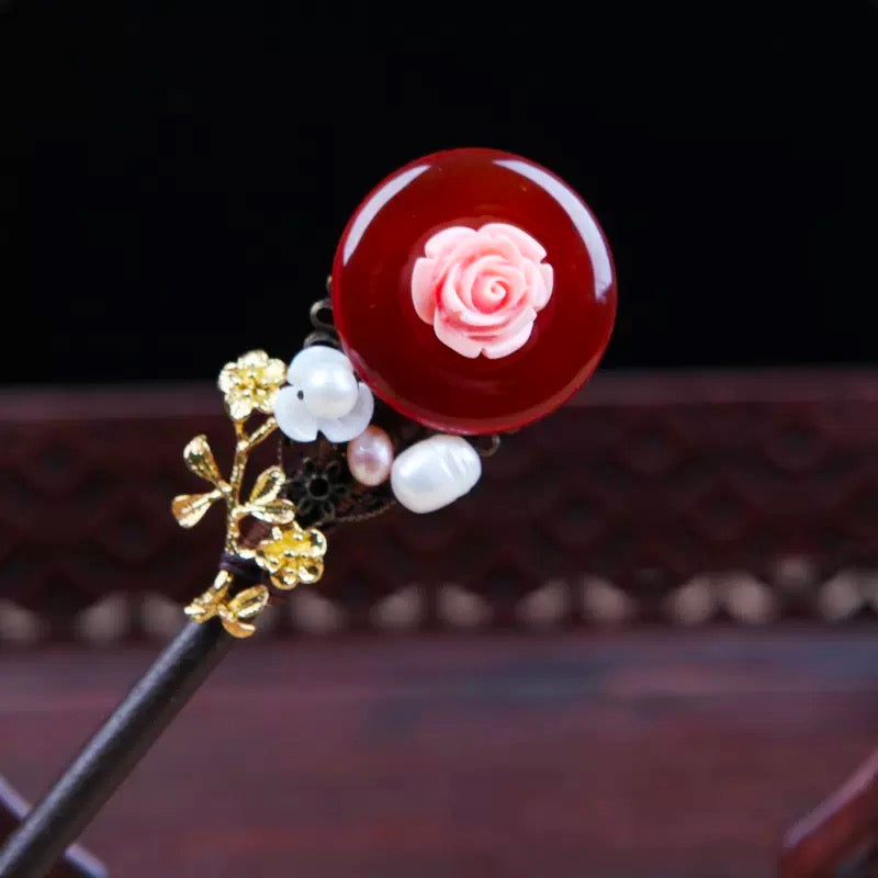 Pink Flower Red Agate Pearl White Flower Hairpin - Wood