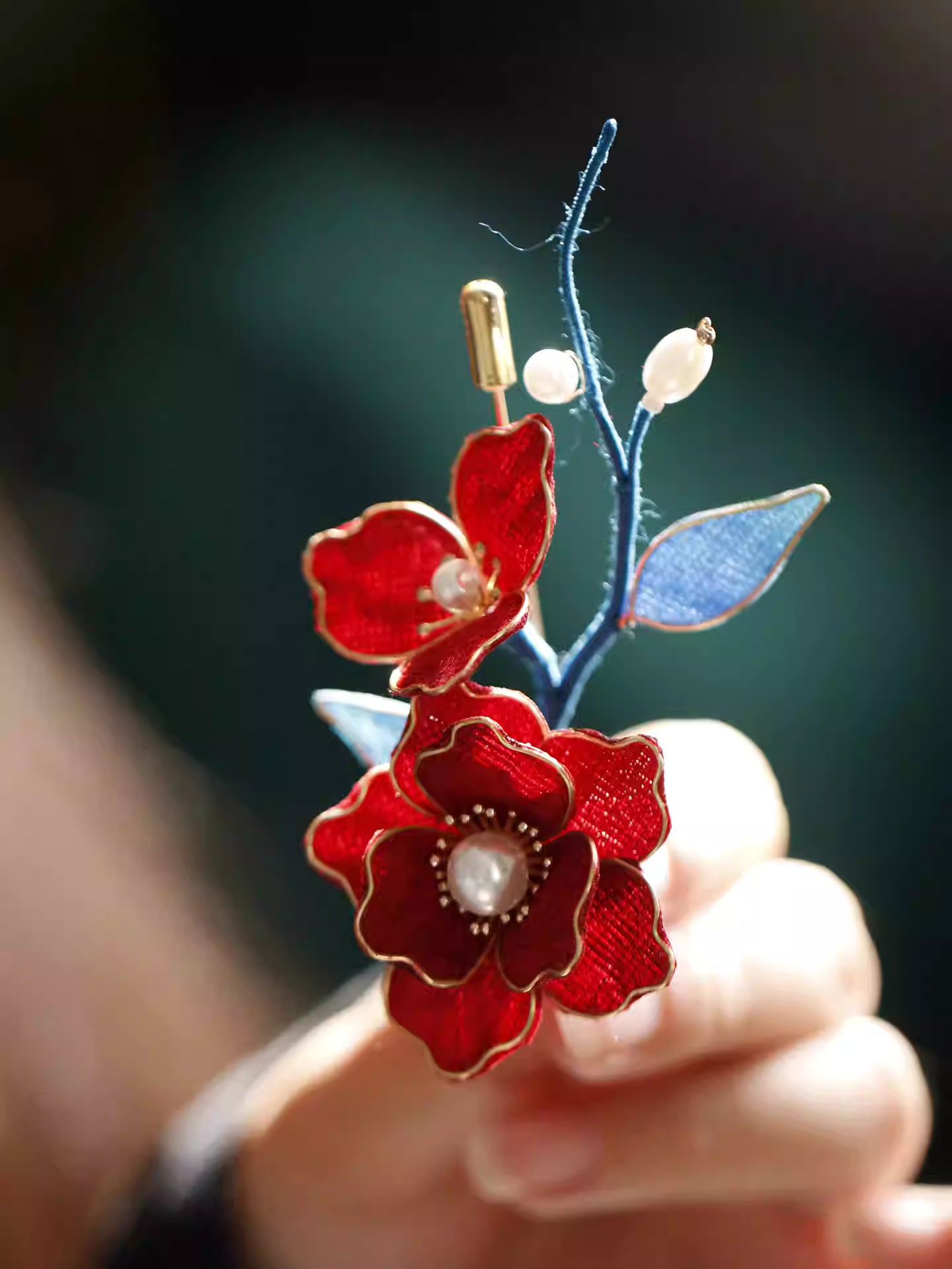 Red Camellia Filigree Brooch - Handmade Chinese Qipao Accessory, Elegant Pearl Accent Pin for Women