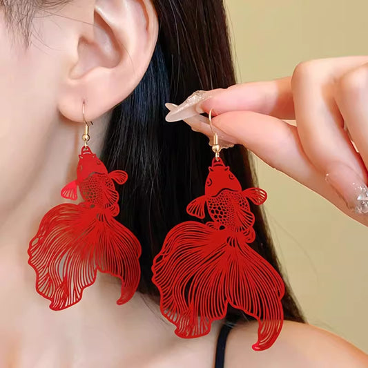 Lucky Red Koi Fish Earrings – Chinese Style Paper-Cut Inspired Jewelry for Festive Occasions and Weddings