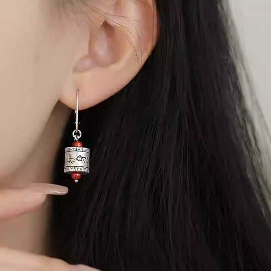 925 Silver Red Agate Carved Talisman Earrings – Vintage Chinese Minimalist Jewelry for Women