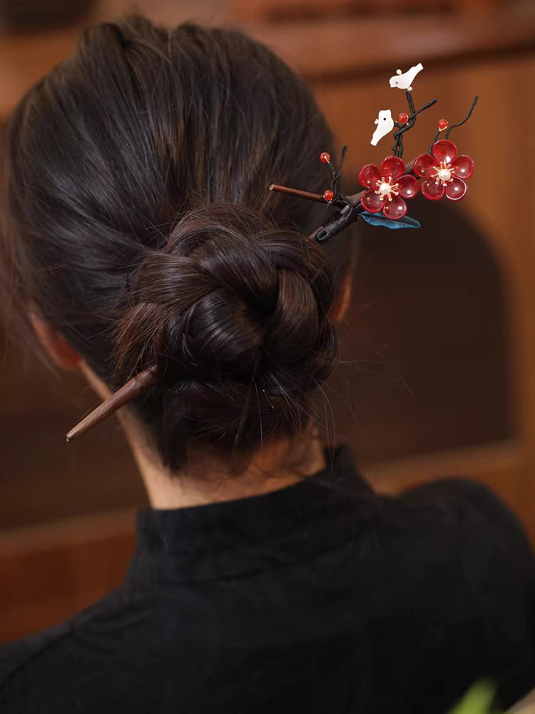 Chinese Magpie Plum Blossom Hairpin with Red Glaze – Sandalwood Wedding Hair Accessory for Women