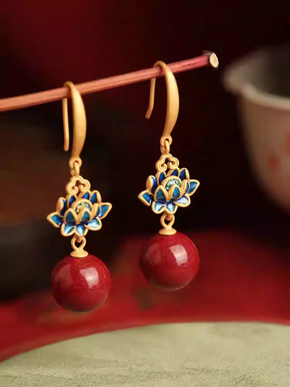 Red Cinnabar Lotus Earrings – Chinese Style Enamel Drop Earrings for Women | Feng Shui Lucky Jewelry