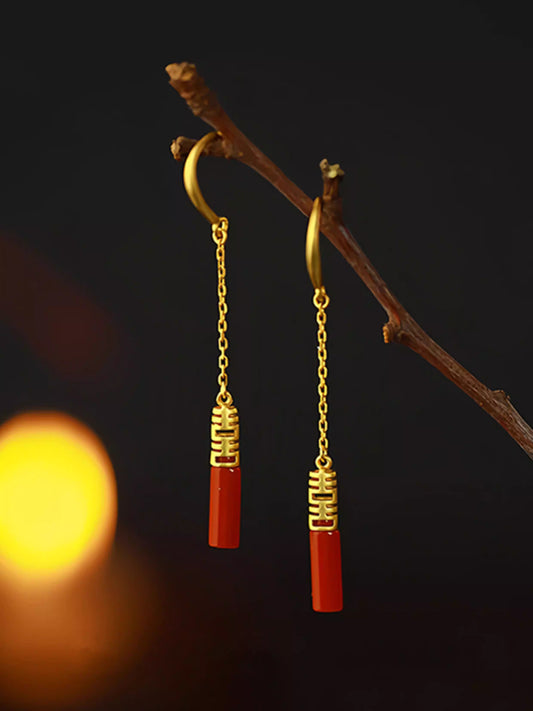 S925 Gold Plated Silver Red Agate Double Happiness Earrings – Chinese Wedding Xi Symbol Hollow Carved Hook Earrings for Women