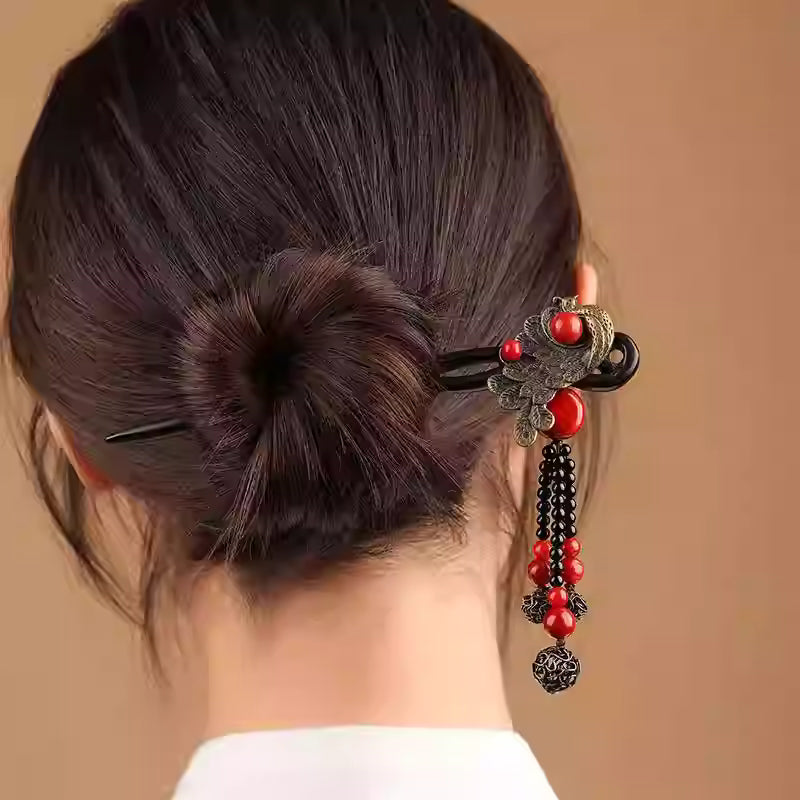 Chinese Peacock Ebony Wood Hairpin with Red Agate Tassels – Vintage Oriental New Year Hair Accessory