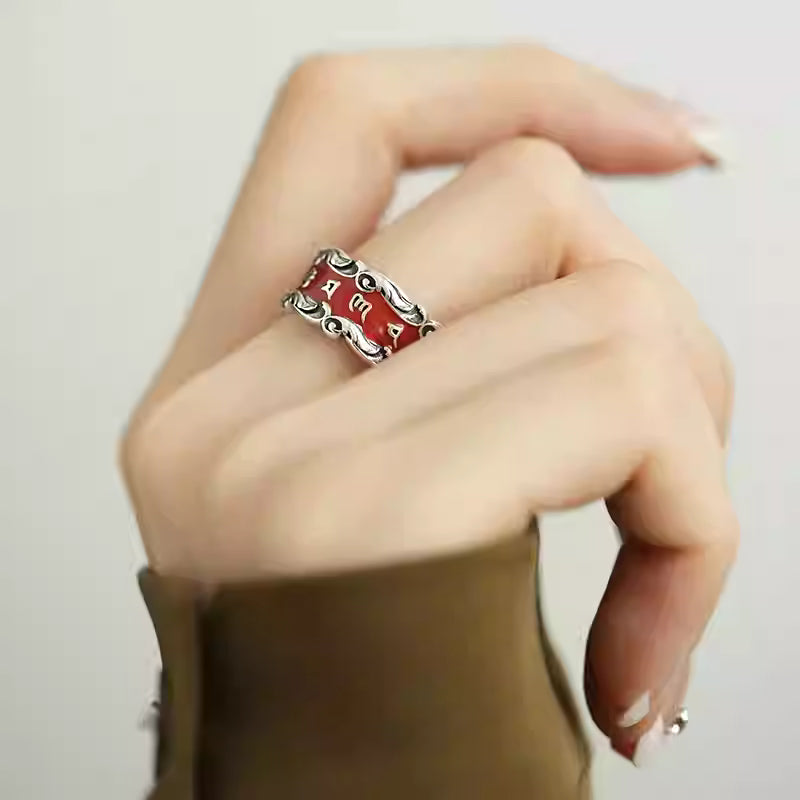 S925 Silver Cinnabar Heart Sutra Ring – Adjustable Six-Syllable Mantra Ring for Women, 2026 New Vintage Style
