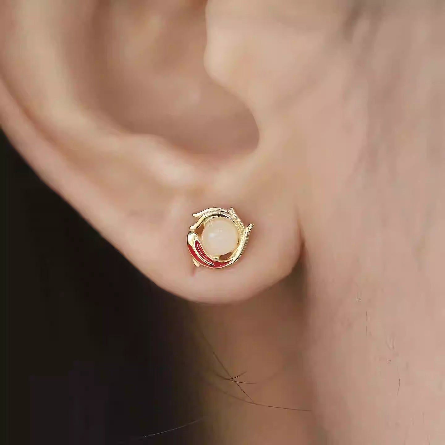 S925 Gold Plated Koi Fish Stud Earrings with White Jade – New Chinese Style Silver Earrings