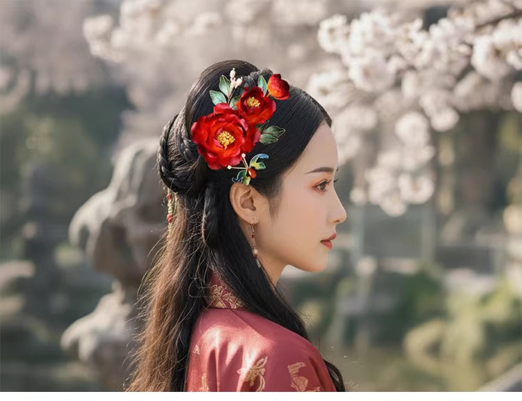 “Die Lian Hua” Red Peony Butterfly U-Shaped Hairpin | Handcrafted Velvet Flower, Hanfu & Qipao Wedding Hair Accessory