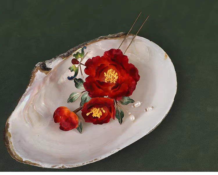 “Die Lian Hua” Red Peony Butterfly U-Shaped Hairpin | Handcrafted Velvet Flower, Hanfu & Qipao Wedding Hair Accessory