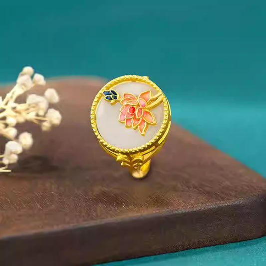 Retro Chinese Style Hetian Jade Enamel Lotus Open Ring for Women