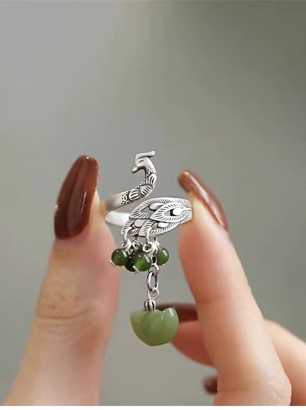 925 Silver Jade Peacock Tassel Ring – Vintage Chinese Style Ethnic Ring for Women
