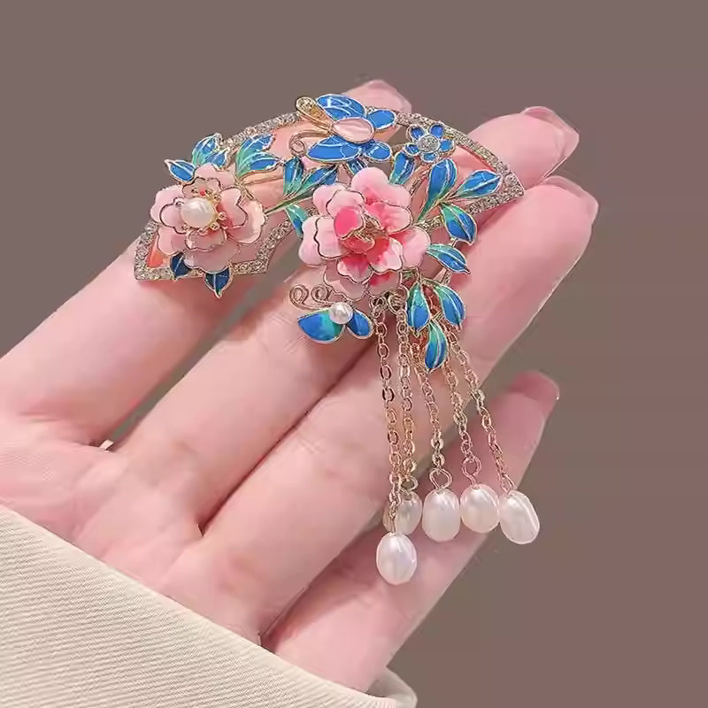 Vintage Enamel Peony Pearl Tassel Brooch for Women – Adjustable Pink Qipao Accessory