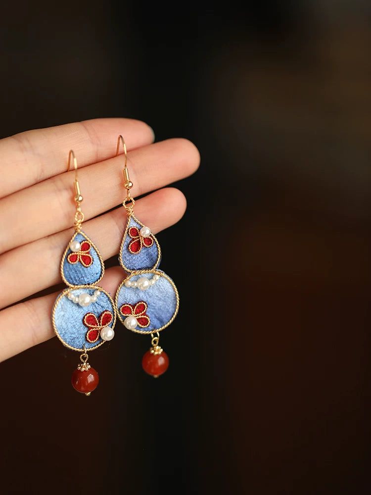 Elegant pearl embedded fabric gourd earrings retro Chinese aesthetic long drop earrings