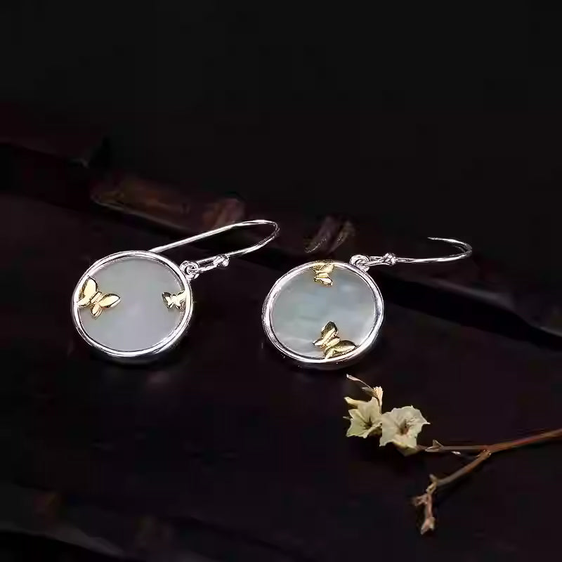 Classic Hetian Jade Butterfly Earrings – S925 Silver Gold-Plated Round Earrings for Women