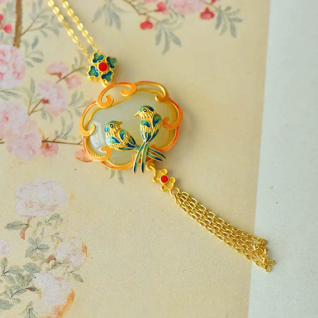S925 Sterling Silver Cloisonné Magpie Pendant with Natural Hetian Jade – Auspicious Chinese Tassel Jewelry for Women
