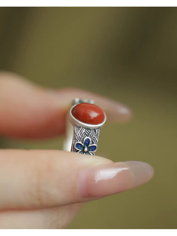 Vintage S925 Silver Nanhong Agate Lovesick Bean Flower Ring – Enamel Floral Ethnic Adjustable Ring for Women
