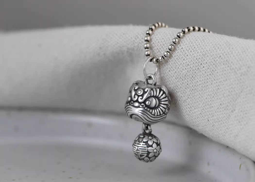 Taotie Hollow Pendant – Retro Chinese Double Happiness Flower Ball Necklace