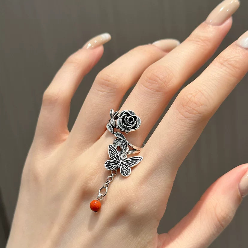 Rose Butterfly Tassel Ring – Vintage Chinese Adjustable Open Ring