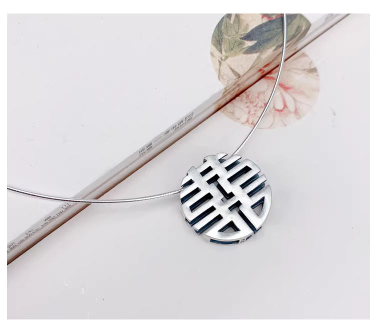 Vintage Chinese Double Happiness Necklace for Women – Square & Round Xi Pendants Short Clavicle Chain | 99 Sterling Silver
