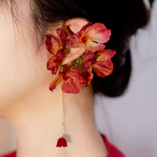 Handmade Red Ombre Blossom Ear Cuff – Elegant Bridal Ear Jewelry Without Piercing