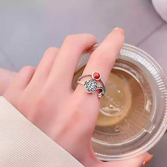 S925 Silver Ruyi Cloud Red Agate Ring for Women – Vintage Ethnic Adjustable Index Finger Ring for Wealth & Good Fortune Gift