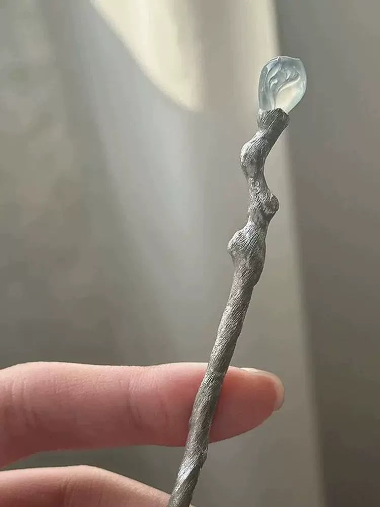 Elegant Crystal Silver Hairpin – New Chinese Style Textured Branch Hair Ornament