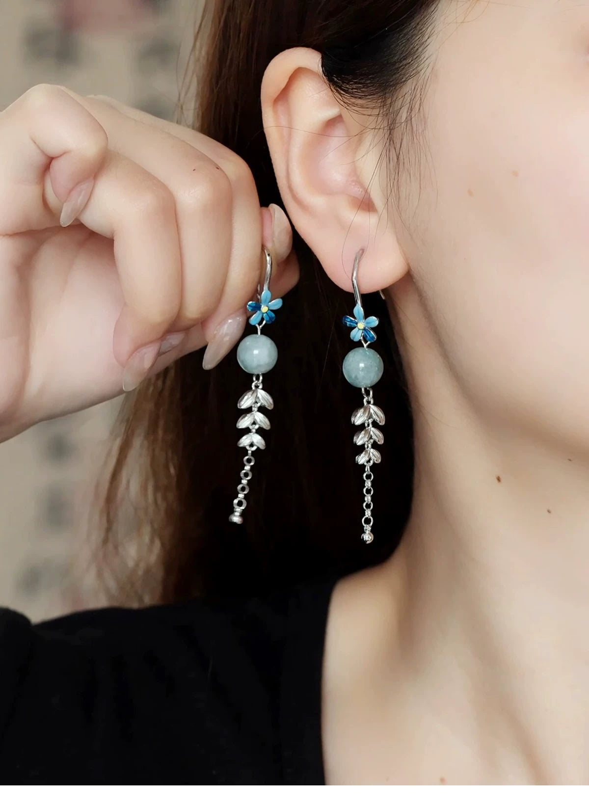 Cloisonné Flower Earrings with Jade Beads and Wheat Tassels – New Chinese Style