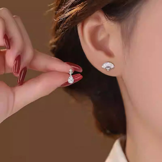S925 Sterling Silver Asymmetric Fan & Pipa Stud Earrings for Women – Retro Chinese Style Jewelry