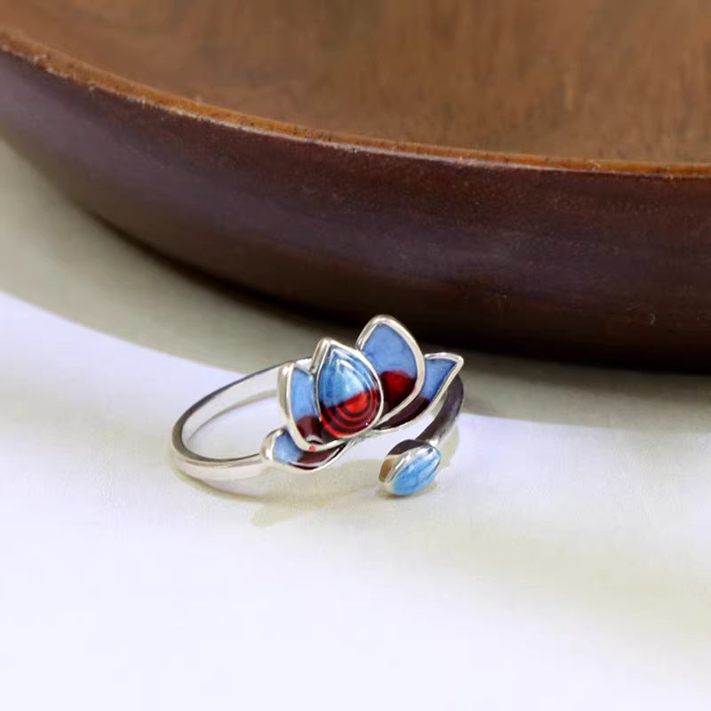 Minimalist Cloisonné Lotus Open Ring for Women – Artistic Light Luxury Design | S925 Sterling Silver