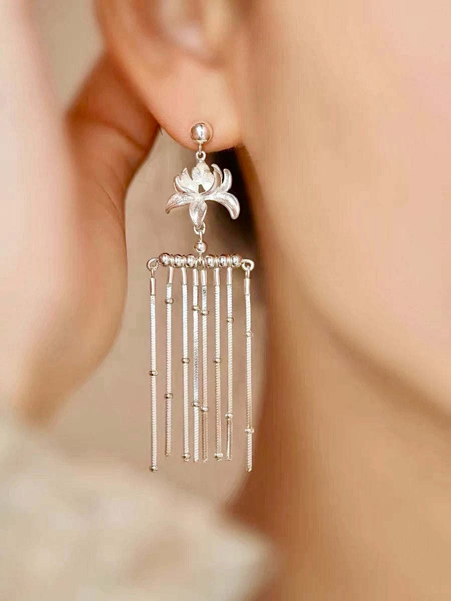 S925 Sterling Silver Iris Waterfall Tassel Earrings – New Chinese Style Miao-Inspired Drop Earrings