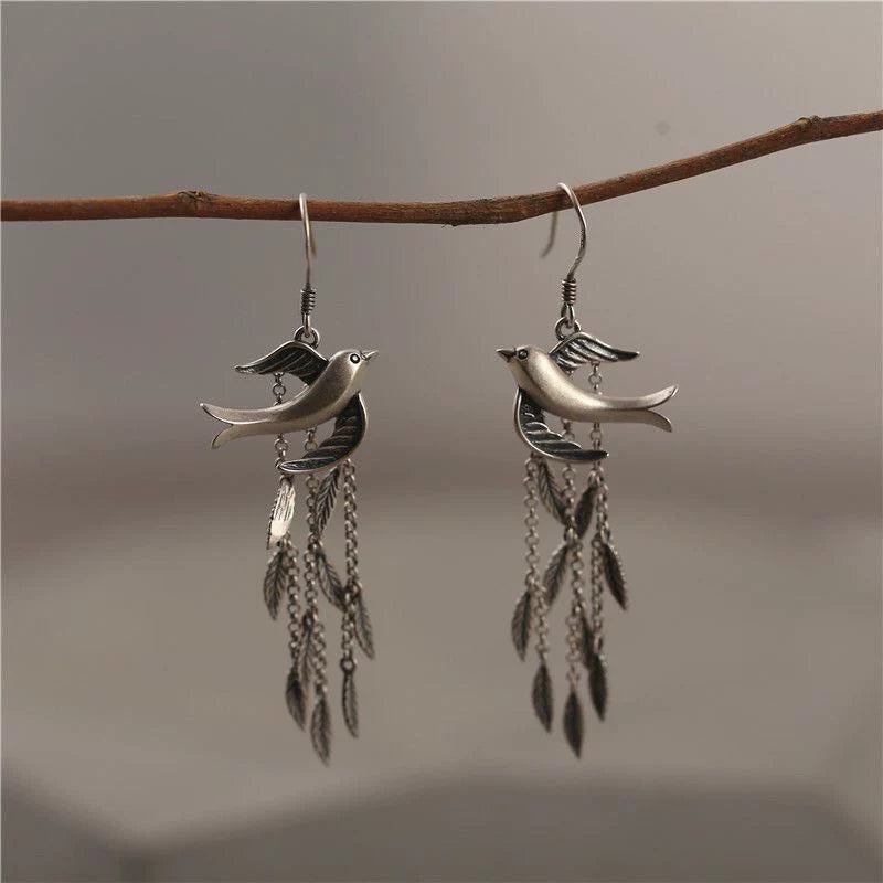 S925 Sterling Silver Swallow Leaf Tassel Earrings – New Chinese Style Vintage Dangle Earrings