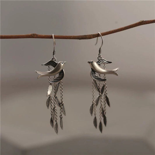 S925 Sterling Silver Swallow Leaf Tassel Earrings – New Chinese Style Vintage Dangle Earrings