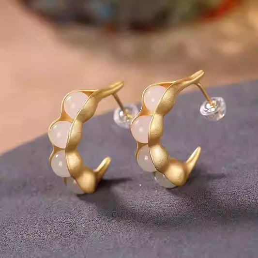 S925 Silver Hetian Jade Gold Bean Stud Earrings – Elegant Camellia Flower Design