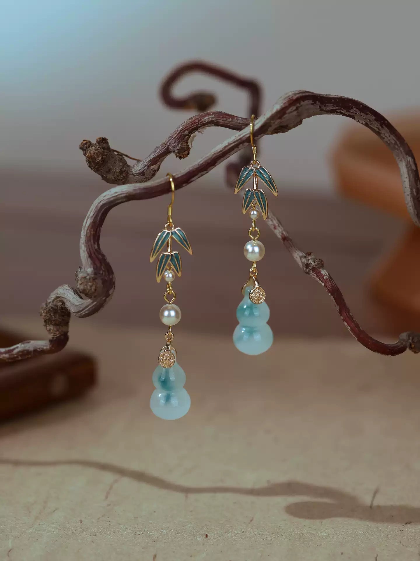 S925 Silver Cloisonné Bamboo Leaf Earrings with Jade Gourd Drop – New Chinese Style Hanfu Jewelry
