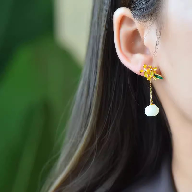 S925 Gold-Plated Silver Osmanthus Flower Hetian Jade Enamel Earrings for Women – Chinese Hanfu Retro Style