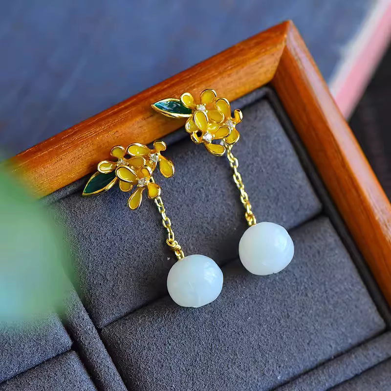 S925 Gold-Plated Silver Osmanthus Flower Hetian Jade Enamel Earrings for Women – Chinese Hanfu Retro Style