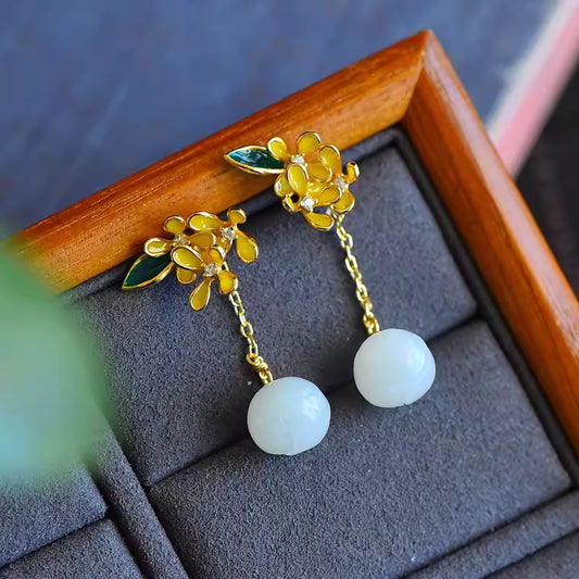 S925 Gold-Plated Silver Osmanthus Flower Hetian Jade Enamel Earrings for Women – Chinese Hanfu Retro Style