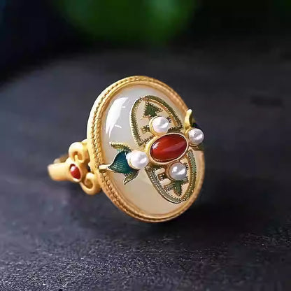 Verstellbarer S925 Silber Vergoldeter Jade-, Roter Achat- und Perlenring – Klassischer chinesischer offener Fingerring im Palaststil