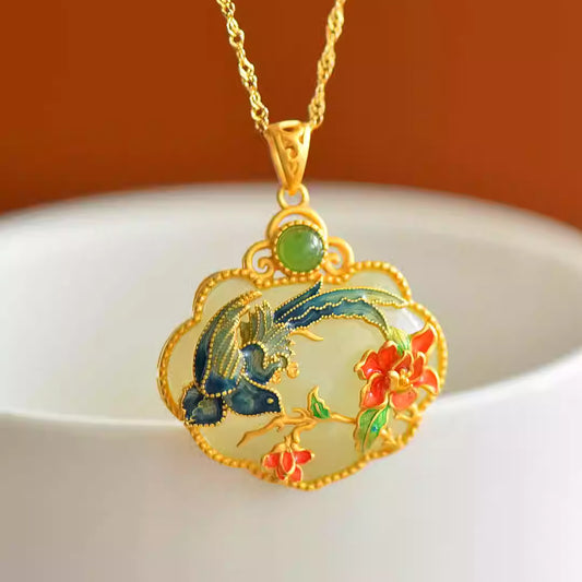 New Chinese Style S925 Gold-Plated Silver Hetian Jade Blue Enamel Magpie Ruyi Lock Pendant Necklace for Women