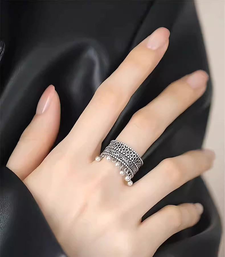 Lace Edge Ring – Double Beads Tassel Adjustable Ring with Vintage New Chinese Design