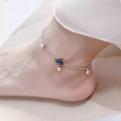 S925 Sterling Silber Blaue Lotus Fußkette für Damen - Verstellbar 25cm, Vintage Kunstschmuck, Glücksbringer Fußkettchen