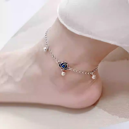 S925 Sterling Silver Blue Lotus Anklet for Women - Adjustable 25cm, Vintage Art Jewelry, Lucky Charm Foot Bracelet
