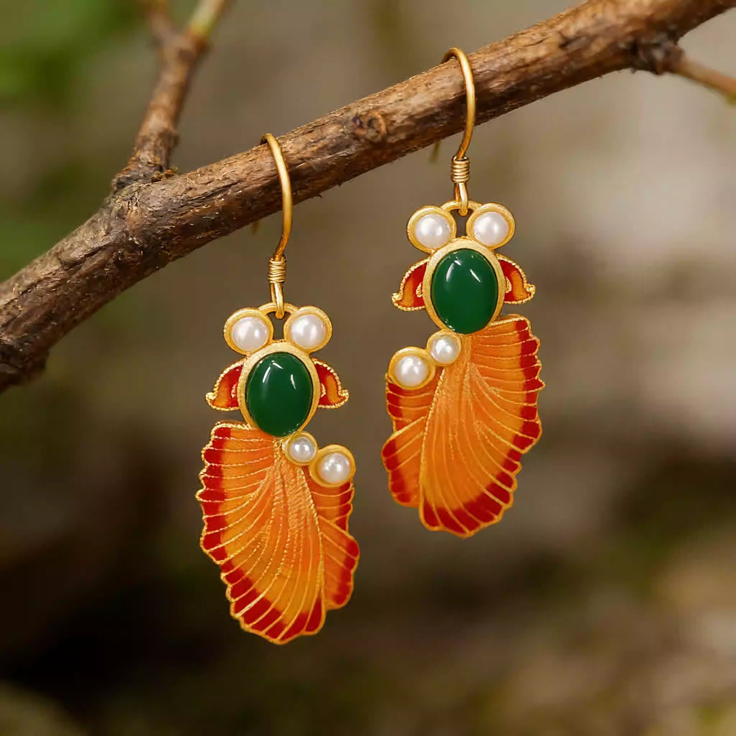 S925 Sterling Silver Gilded Enamel Koi Earrings – Red Agate & Pearl New Chinese Palace Style Drop Earrings