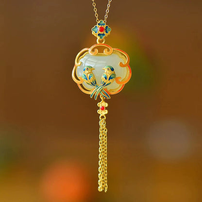 S925 Sterlingsilber Cloisonné Elster-Anhänger mit natürlicher Hetian-Jade – Glücksbringender chinesischer Quasten-Schmuck für Damen
