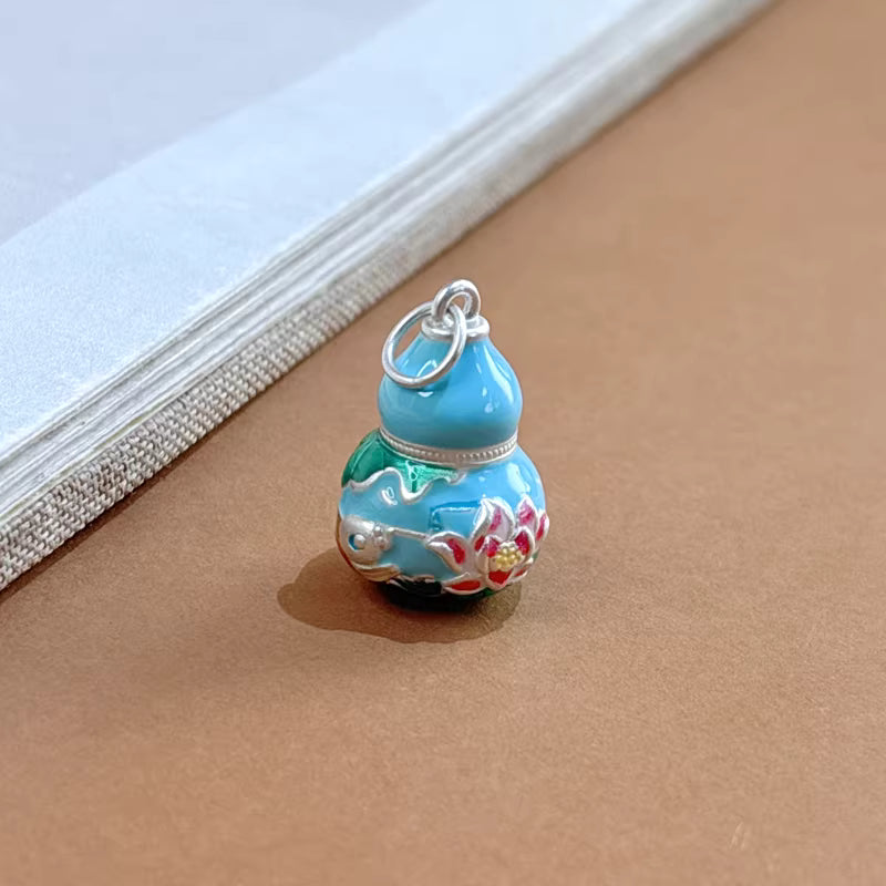 999 Fine Silver Gourd Pendant – Enamel Lotus Pond Moon Design, New Chinese Style Necklace