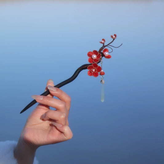 Red Plum Blossom Hairpin | Sandalwood Handmade Chinese Hair Accessory for Hanfu & Qipao