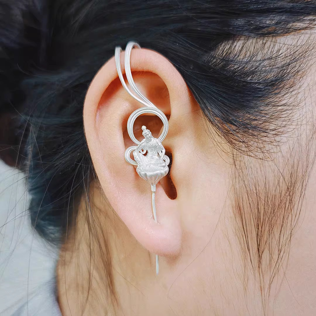 Handcrafted Silver Bodhisattva Stud Earrings – 70×13mm, Gold or Silver Finish, Original Design