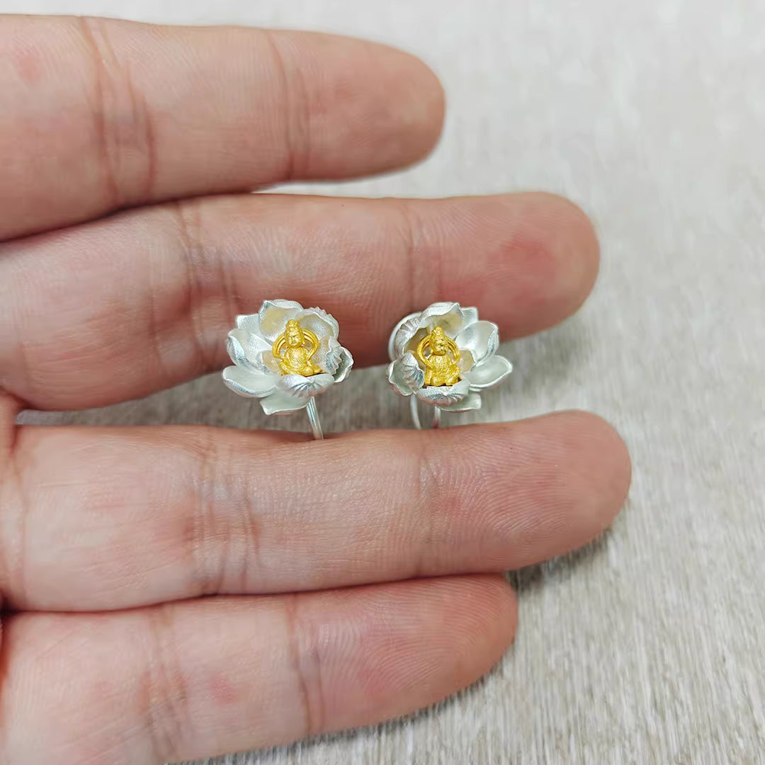 Blooming Buddha Stud Earrings – 12×13mm Handcrafted Silver or Gold-Plated, Original Design