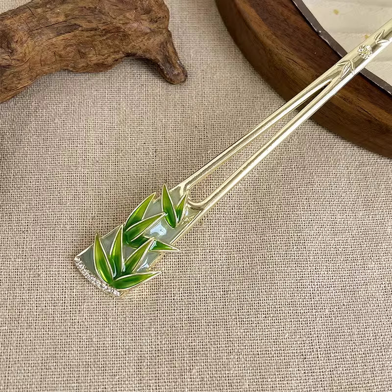 Chinese Bamboo Leaf Glazed Hairpin – Elegant Oriental Hair Stick for Women